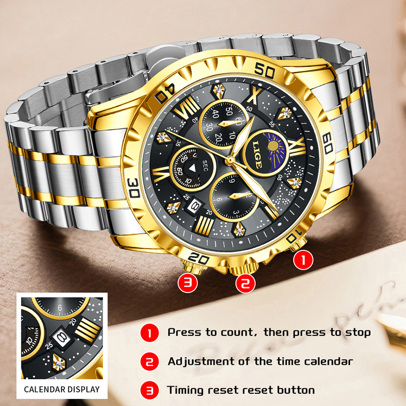 LIGE Top Brand Luxury Quartz M - Chronograph Sport Watch recension och pris